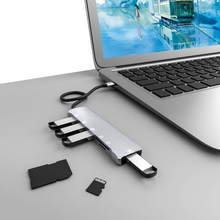 NK-3043 6 in 1 USB-C / Type-C to TF / SD Card Slot + 4 USB Female Adapter, NK-3043