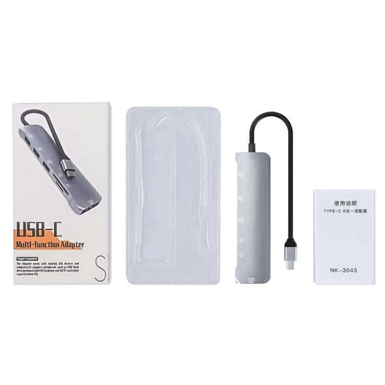 NK-3043 6 in 1 USB-C / Type-C to TF / SD Card Slot + 4 USB Female Adapter, NK-3043