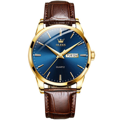 OLEVS 6898 Men Fashion Waterproof Dual Calendar Quartz Watch, Brown Black, Brown White, Brown Blue, Black Blue Leather, Black Leather