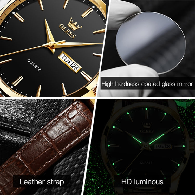 OLEVS 6898 Men Fashion Waterproof Dual Calendar Quartz Watch, Brown Black, Brown White, Brown Blue, Black Blue Leather, Black Leather