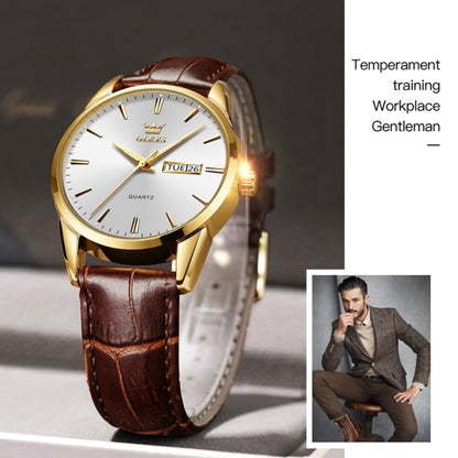 OLEVS 6898 Men Fashion Waterproof Dual Calendar Quartz Watch, Brown Black, Brown White, Brown Blue, Black Blue Leather, Black Leather