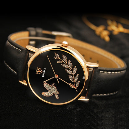 YAZOLE 360 Leather Band Dove of Peace Diamond Lady Watch