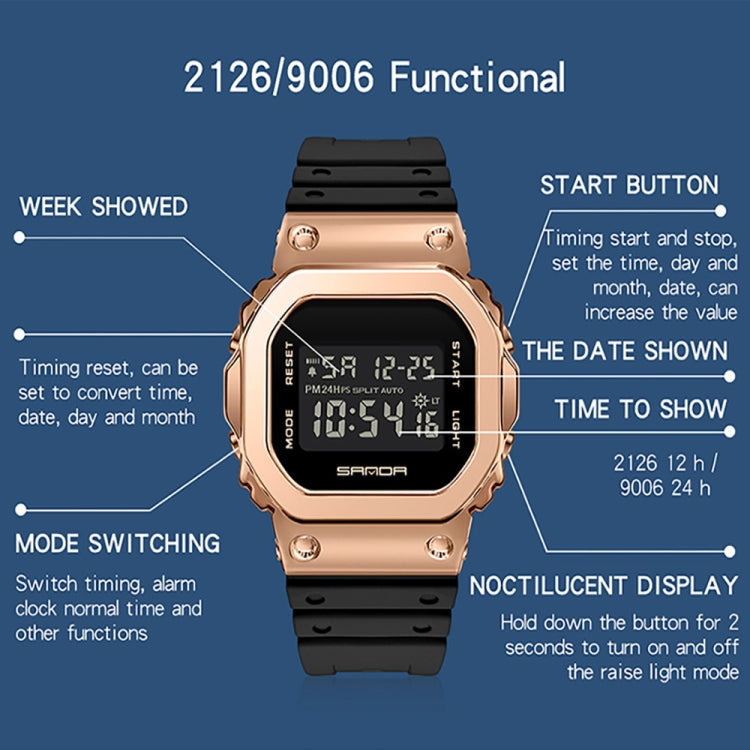 SANDA 9006 Tempered Mirror Luminous Waterproof Dual Display Electronic Watch