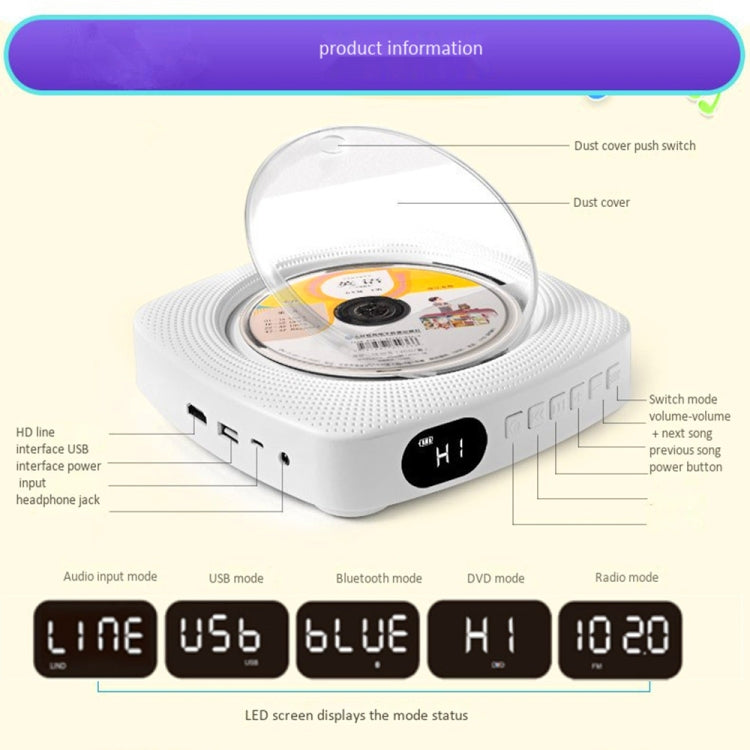 Kecag KC-609 Wall Mounted Home DVD Player Bluetooth CD Player, DVD/CD+Connectable TV  + Plug-In Version, CD Version+ Not Connected to TV+ Plug-In Version, CD Version +Not Connected to TV + Charging Version, CD Version +
