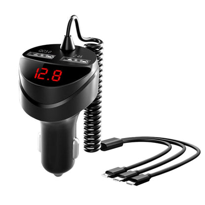 C68 LED Digital Display QC3.0 Fast Car Charger 3 in 1 with Spring Cable, C68 with Spring Cable, C68 (Silver)