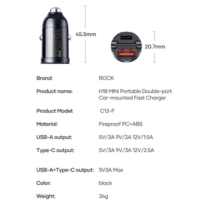 ROCK C13-F H18 Mini Portable Dual Port USB + USB-C / Type-C Car Fast Charger, C13-F H18 Mini