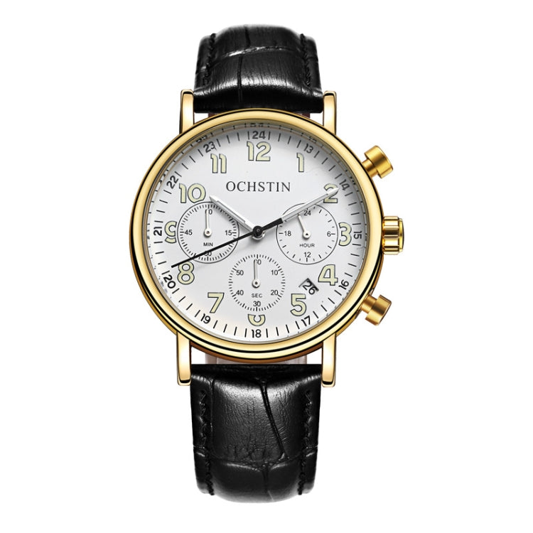 Ochstin 5081A Multifunctional Luminous Waterproof Leather Strap Quartz Watch