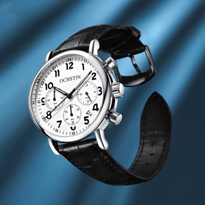 Ochstin 5081A Multifunctional Luminous Waterproof Leather Strap Quartz Watch