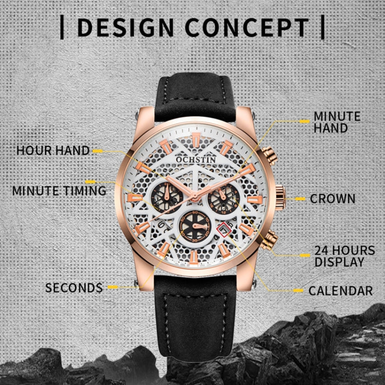 Ochstin 5052B Multifunctional Business Waterproof Leather Strap Quartz Watch