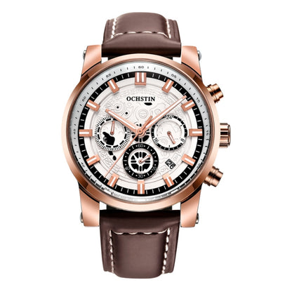 Ochstin 5111B Multifunctional Business Waterproof Luminous Leather Strap Quartz Watch