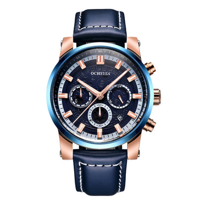 Ochstin 5111B Multifunctional Business Waterproof Luminous Leather Strap Quartz Watch