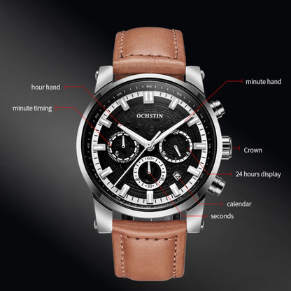 Ochstin 5111B Multifunctional Business Waterproof Luminous Leather Strap Quartz Watch