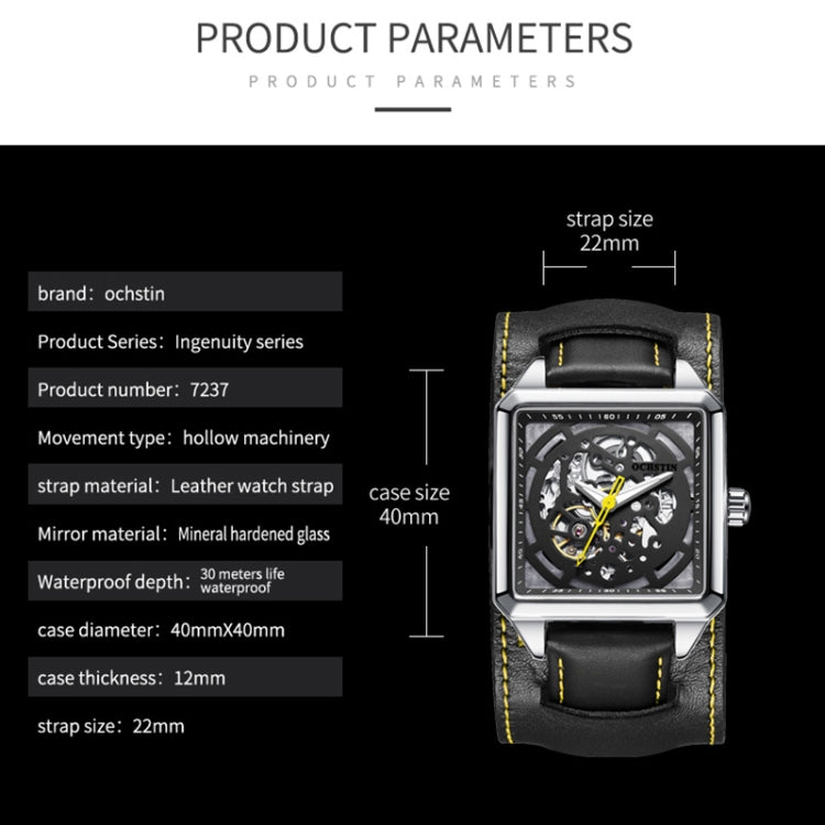 Ochstin 7237 Business Leather Wrist Wrist Waterproof Luminous Skeleton Mechanical Watch