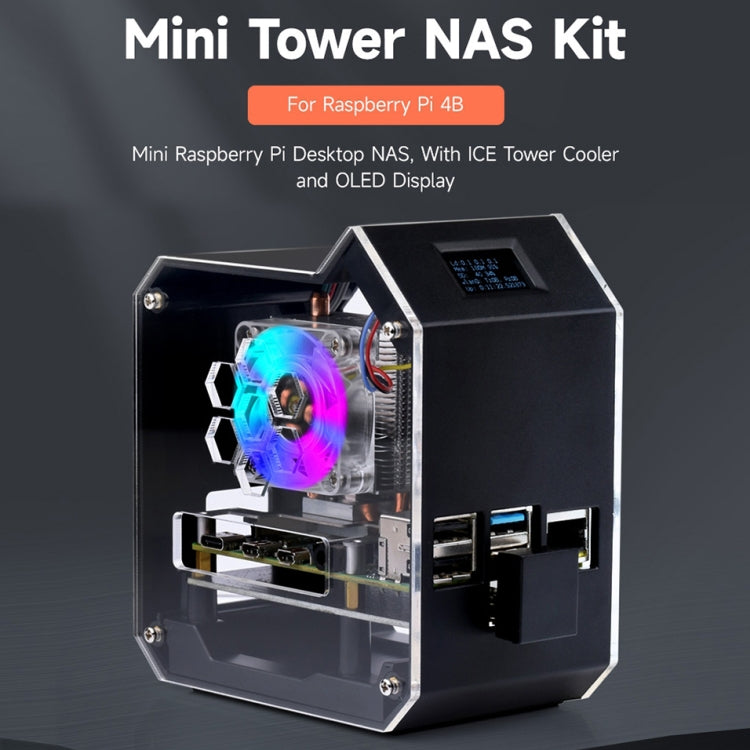 Waveshare Mini Tower NAS Kit for Raspberry Pi 4B Support Up to 2TB M.2 SATA SSD