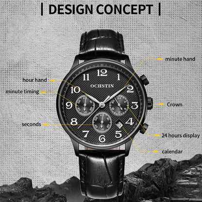 Multifunctional Quartz Men Leather Watch, Ochstin 6050E