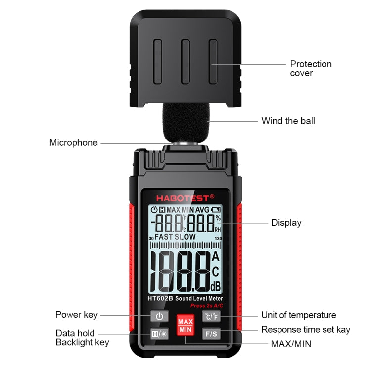 HABOTEST HT602B Multifunctional Digital Display Noise Decibel Tester, HT602B