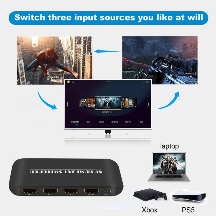 NK-H31 8K 3 in 1 Out HDMI Switcher for Xbox PS4 PS5 Roku UHD TV Monitor Projector, NK-H31