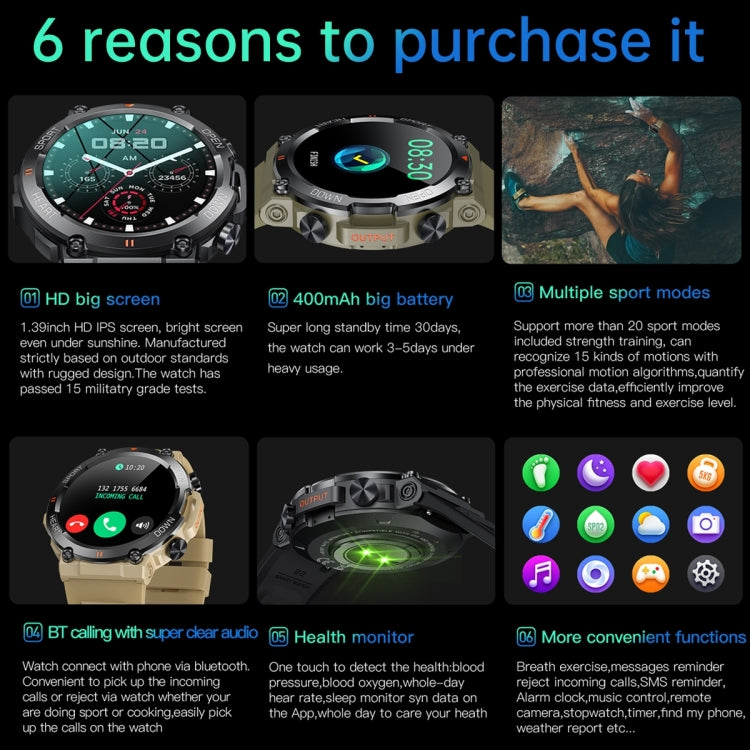 K56 Pro 1.39 inch Smart Silicone Strap Wristband Support Heart Rate Monitoring / Blood Pressure Monitoring, Silicone Strap (Black), Silicone Strap (Khaki), Silicone Strap (Green)