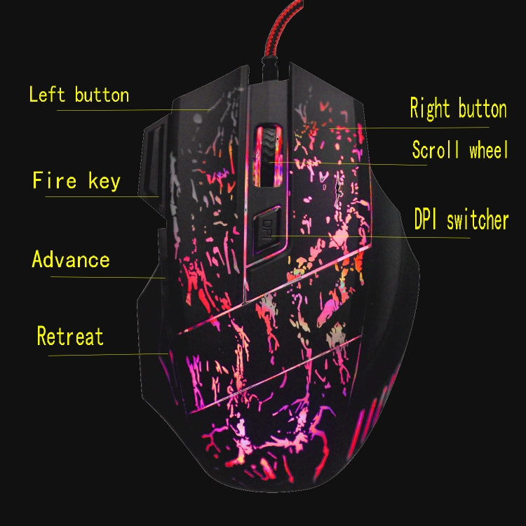 HXSJ A874 7-keys Flowing Water Crack Colorful Luminous Wired Gaming Mouse, A874