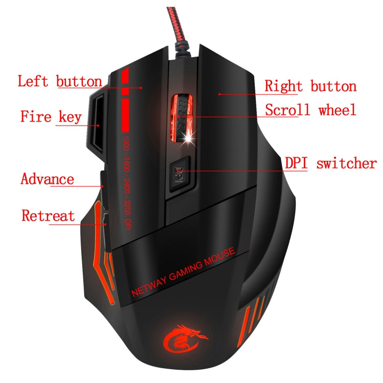HXSJ A907 7 Keys Colorful Luminous 7D Wired Gaming Mouse, A907 Black