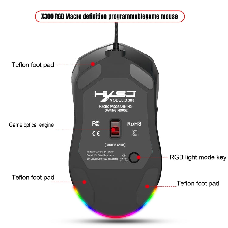 HXSJ X300 7200DPI RGB Backlight Interchangeable Back Cover Hole Gaming Wired Mouse, X300 Black