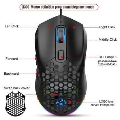 HXSJ X300 7200DPI RGB Backlight Interchangeable Back Cover Hole Gaming Wired Mouse, X300 Black