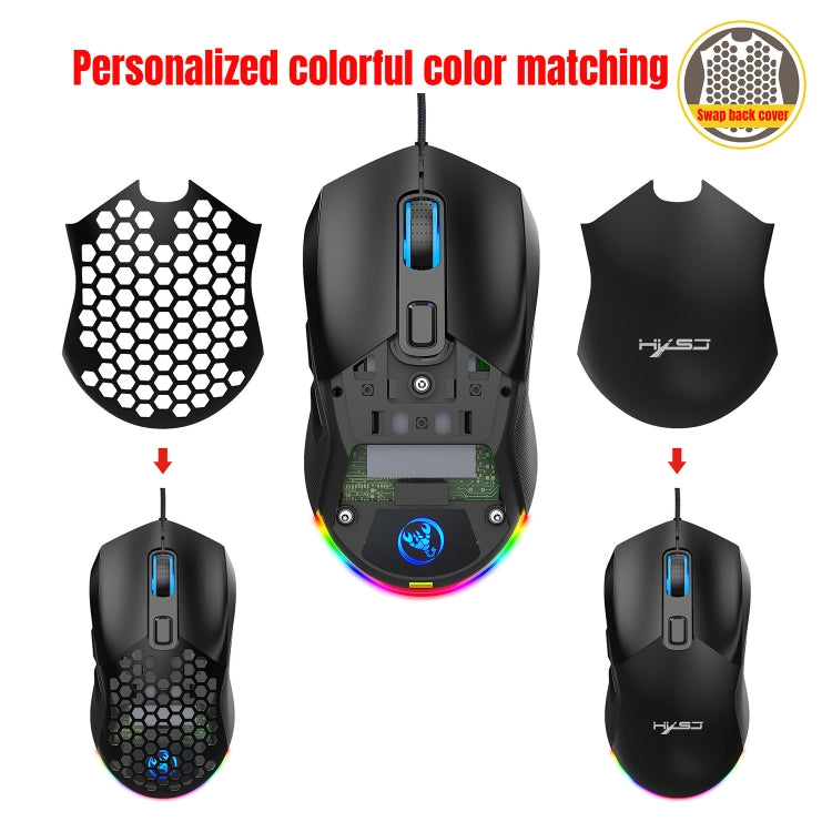 HXSJ X300 7200DPI RGB Backlight Interchangeable Back Cover Hole Gaming Wired Mouse, X300 Black