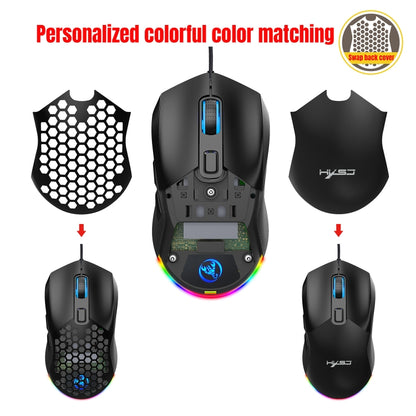 HXSJ X300 7200DPI RGB Backlight Interchangeable Back Cover Hole Gaming Wired Mouse, X300 Black