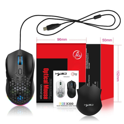HXSJ X300 7200DPI RGB Backlight Interchangeable Back Cover Hole Gaming Wired Mouse, X300 Black