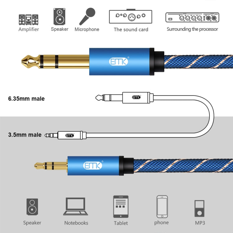 EMK 3.5mm Jack Male to 6.35mm Jack Male Gold Plated Connector Nylon Braid AUX Cable for Computer / X-BOX / PS3 / CD / DVD, 1m, 1.5m, 2m, 3m, 5m