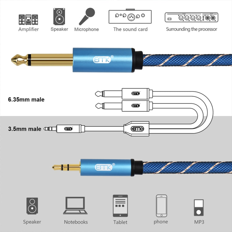 EMK 3.5mm Jack Male to 2 x 6.35mm Jack Male Gold Plated Connector Nylon Braid AUX Cable for Computer / X-BOX / PS3 / CD / DVD, 1m, 1.5m, 2m, 3m, 5m