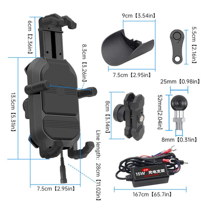 WUPP ZH-1848B1 15W Motorcycle Wireless Fast Charging Phone Navigation Holder, M8 Ball Joint, M10 Ball Joint