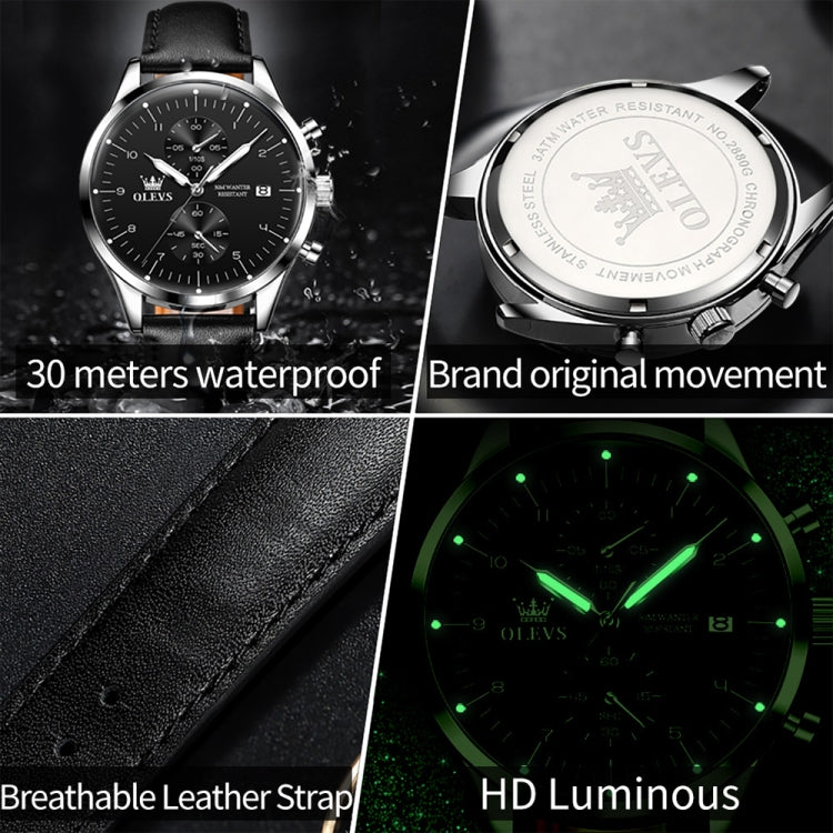 OLEVS 2880 Men Multifunctional Business Waterproof Leather Strap Quartz Watch