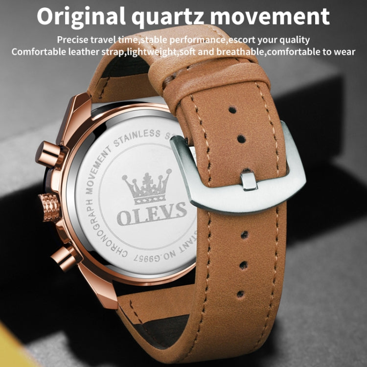 OLEVS 9957 Men Luminous Waterproof Leather Strap Quartz Watch