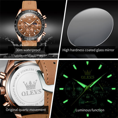 OLEVS 9957 Men Luminous Waterproof Leather Strap Quartz Watch