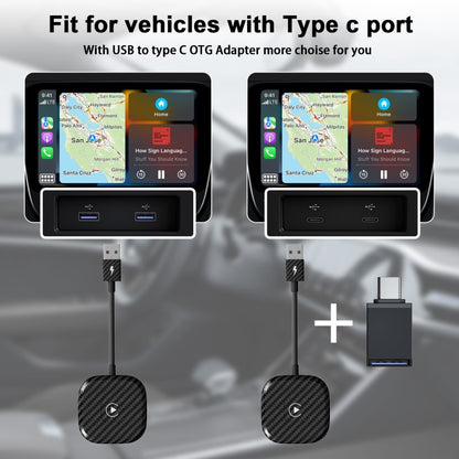 USB + USB-C / Type-C Wired to Wireless Carplay Adapter for iPhone, Black Square
