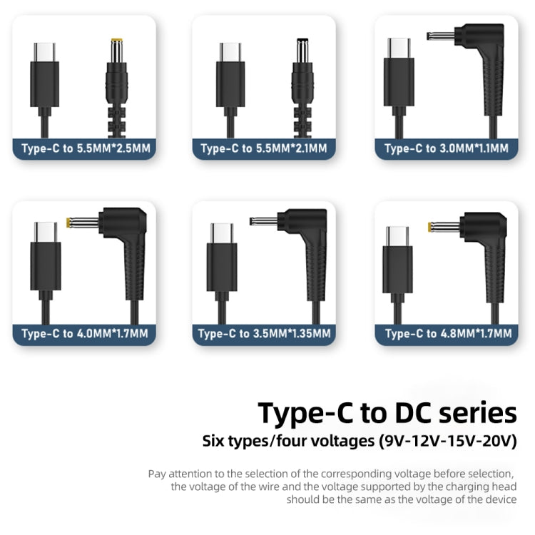 5.5 x 2.5mm DC Power to Type-C Adapter Cable, 9V, 12V, 15V, 20V