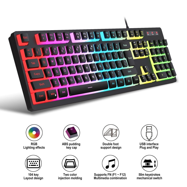 HXSJ L200+X100 Wired RGB Backlit Keyboard and Mouse Set 104 Pudding Key Caps + 3600DPI Mouse, L200+X100