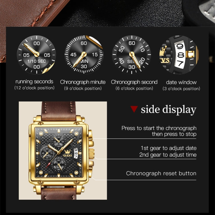 OLEVS 9925 Men Square Dial Multifunctional Waterproof Quartz Watch