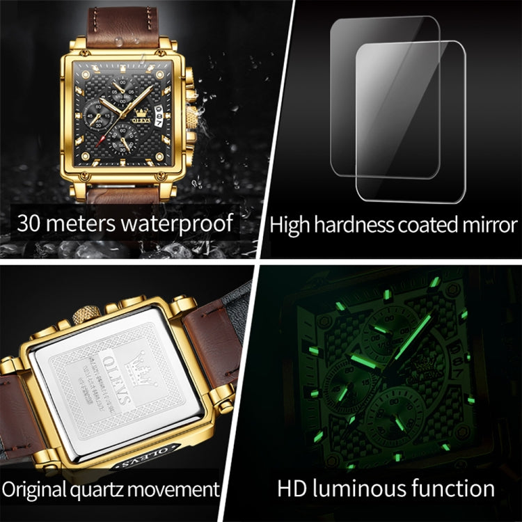 OLEVS 9925 Men Square Dial Multifunctional Waterproof Quartz Watch
