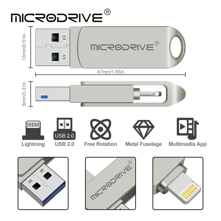 MicroDrive 2 In 1 Lightning + USB2.0 Portable Metal USB Flash Disk, 32GB, 64GB, 128GB