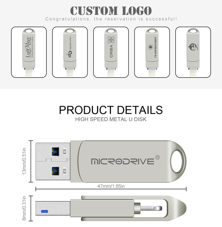 MicroDrive 2 In 1 Lightning + USB2.0 Portable Metal USB Flash Disk, 32GB, 64GB, 128GB