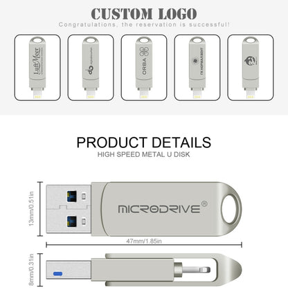 MicroDrive 2 In 1 Lightning + USB2.0 Portable Metal USB Flash Disk, 32GB, 64GB, 128GB