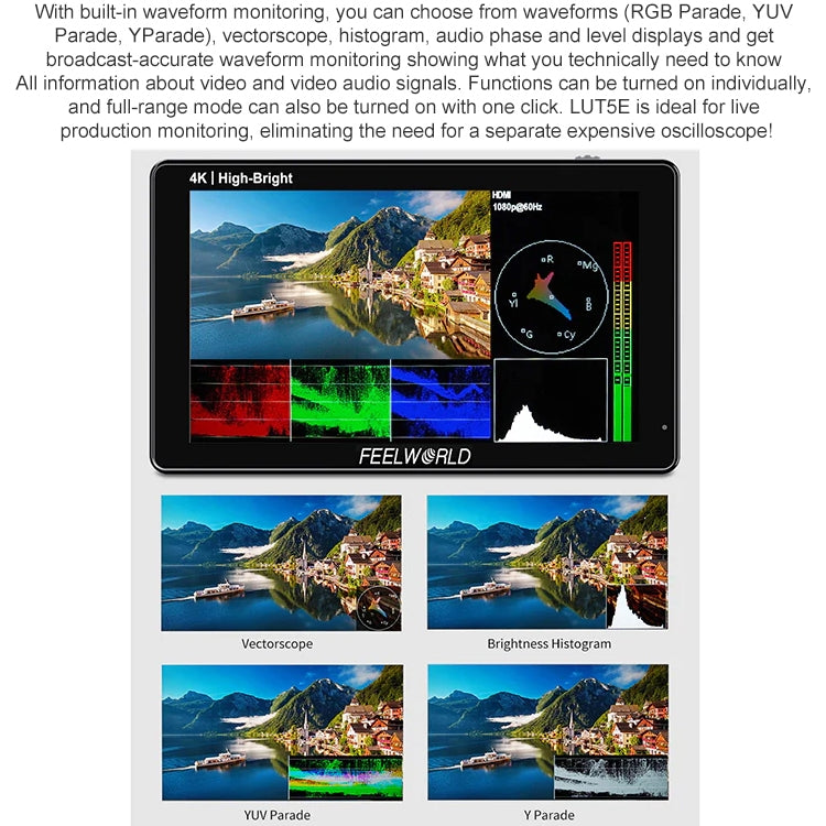 FEELWORLD LUT5E 5.5 inch High Bright 1600nit Touch Screen DSLR Camera Field Monitor F970 External Power and Install Kit 4K HDMI 1920X1080 IPS Panel, LUT5E