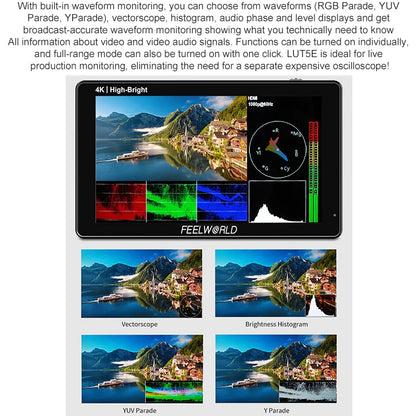 FEELWORLD LUT5E 5.5 inch High Bright 1600nit Touch Screen DSLR Camera Field Monitor F970 External Power and Install Kit 4K HDMI 1920X1080 IPS Panel, LUT5E