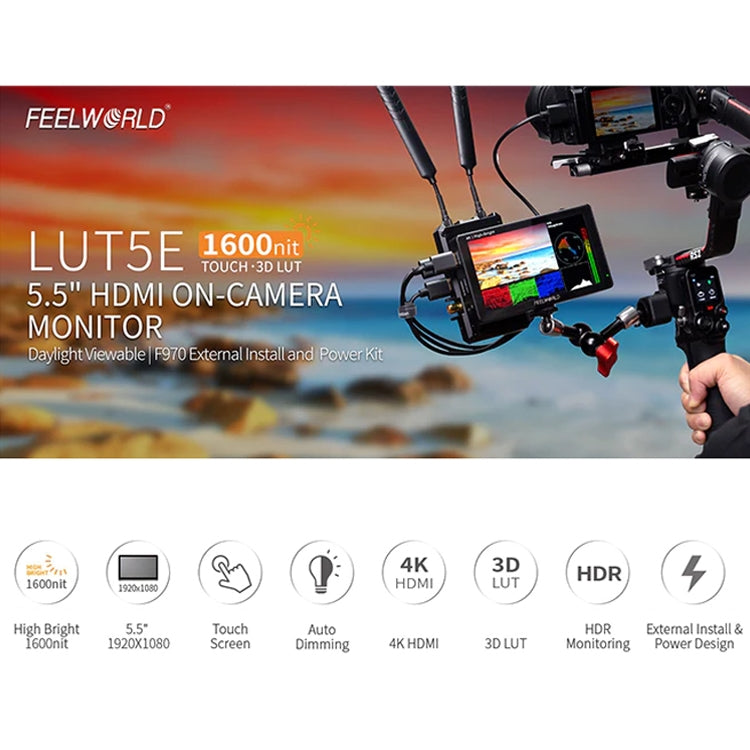 FEELWORLD LUT5E 5.5 inch High Bright 1600nit Touch Screen DSLR Camera Field Monitor F970 External Power and Install Kit 4K HDMI 1920X1080 IPS Panel, LUT5E