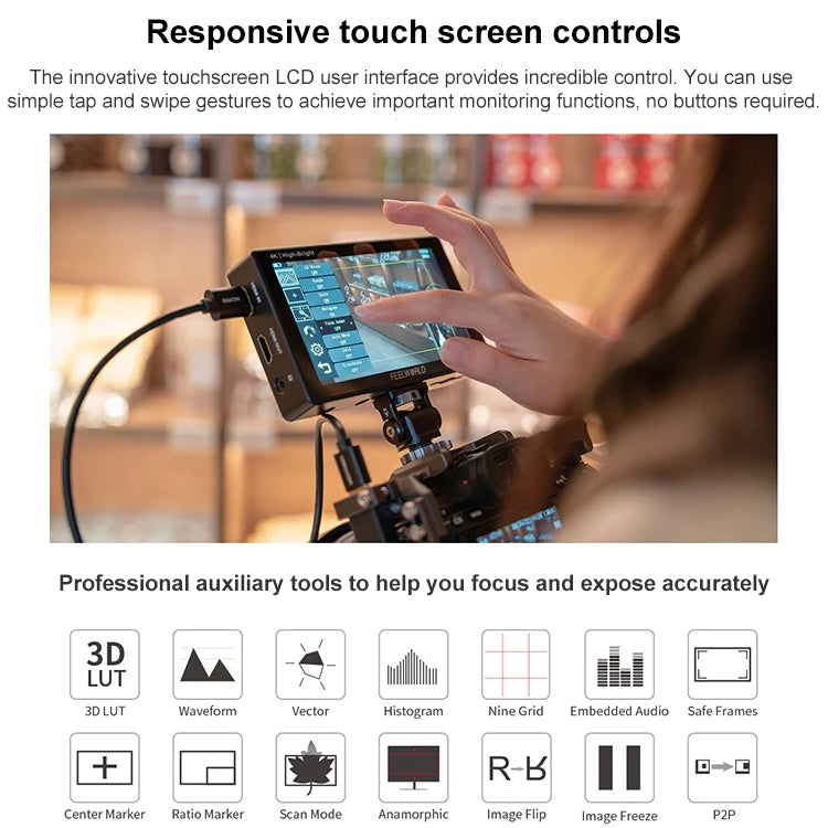 FEELWORLD LUT5E 5.5 inch High Bright 1600nit Touch Screen DSLR Camera Field Monitor F970 External Power and Install Kit 4K HDMI 1920X1080 IPS Panel, LUT5E