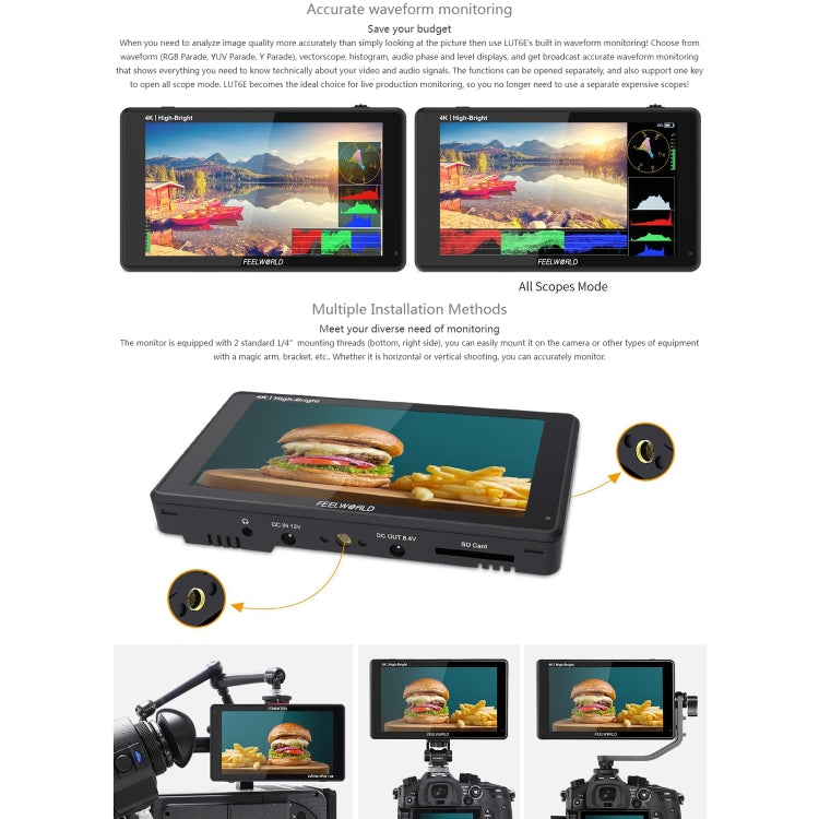 FEELWORLD LUT6E 6 inch 1600nits Touch Screen DSLR Camera Field Monitor Full HD1920x1080 IPS, LUT6E