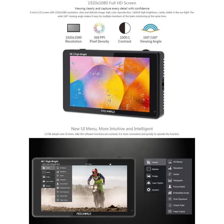 FEELWORLD LUT6E 6 inch 1600nits Touch Screen DSLR Camera Field Monitor Full HD1920x1080 IPS, LUT6E
