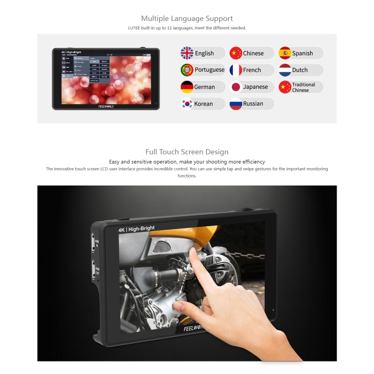 FEELWORLD LUT6E 6 inch 1600nits Touch Screen DSLR Camera Field Monitor Full HD1920x1080 IPS, LUT6E
